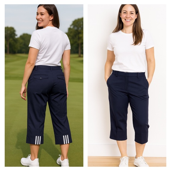 Adidas ClimaCool 3-Stripes Navy and White Capri Golf Pants Size 10 Stretch - Picture 1 of 11